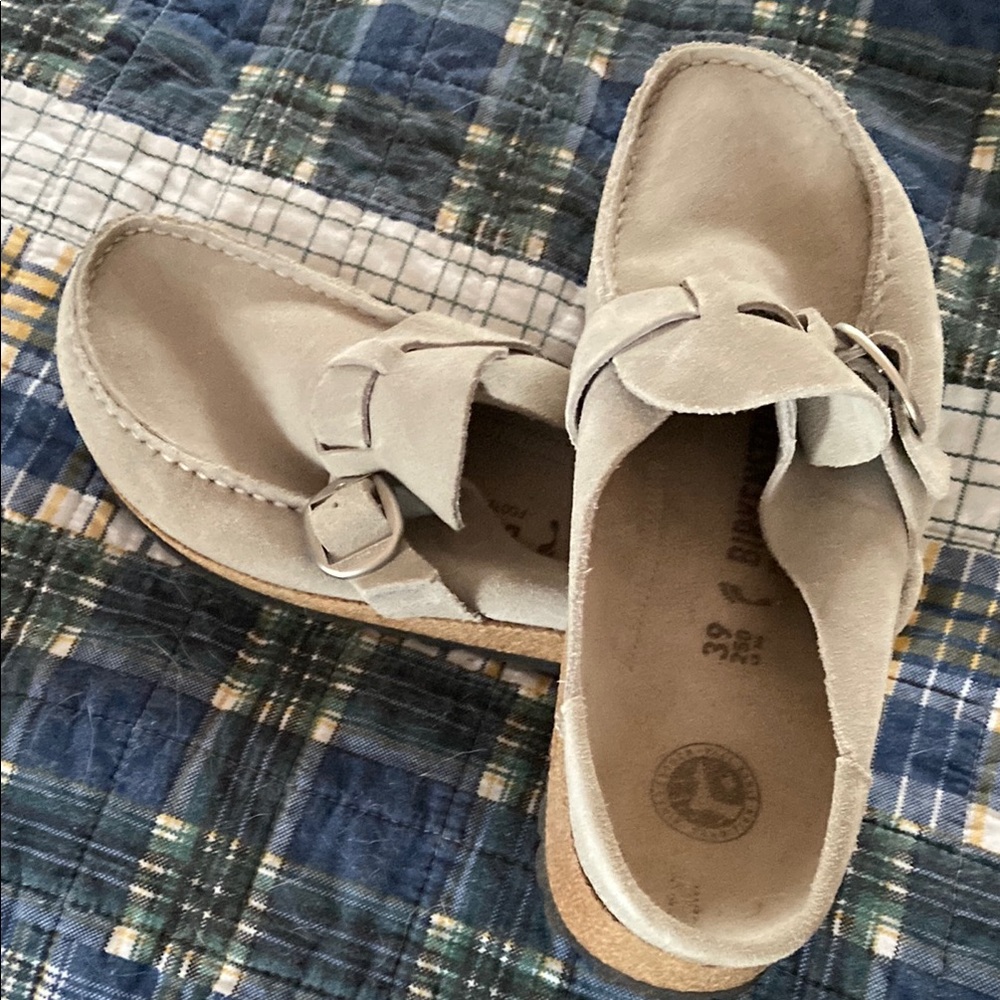 Light gray suede slip on Birkenstocks